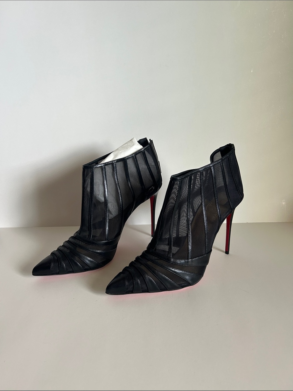 Christian Louboutin Black Sheer Pointed Stiletto Booties with Red Soles